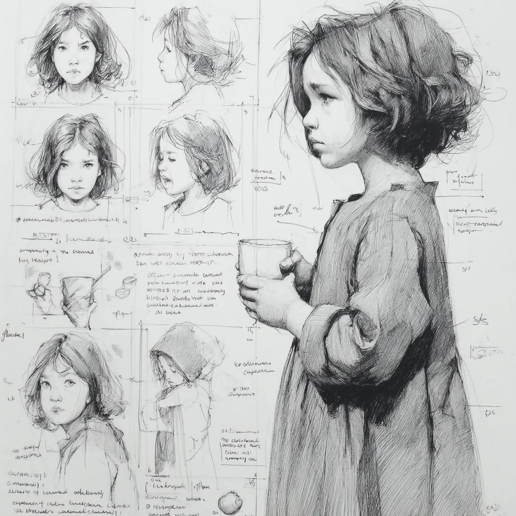A detailed pencil sketch showcases a young girl, slightly melancholic, holding a cylindrical container.  Surrounding the main figure are numerous smaller sketches, likely studies of the girl's face and posture from various angles.  Notes and annotations in a foreign language are interspersed throughout, suggesting the artist's process and observations. The overall style is realistic, with a focus on capturing the girl's expression and the texture of her clothing.