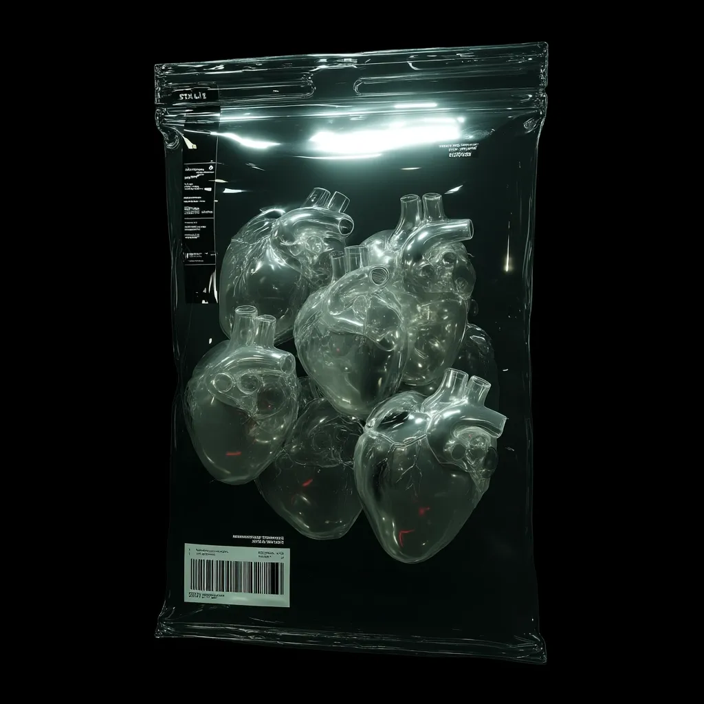A transparent plastic bag contains several translucent, anatomical heart models.  The hearts are clustered together, their internal structures faintly visible. The bag is sealed and features labels with indistinct text and a barcode, suggesting a medical or artistic context. The image is dark, with a dramatic lighting effect highlighting the contents of the bag.
