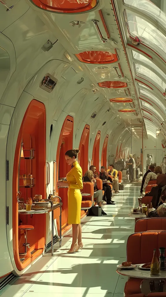 A futuristic train car interior features vibrant orange booths and sleek, pale green walls. Sunlight streams through large windows, illuminating a woman in a yellow dress serving passengers seated at small tables.  The design is retro-futuristic, blending mid-century modern aesthetics with a space-age feel.  The overall atmosphere is calm and elegant.