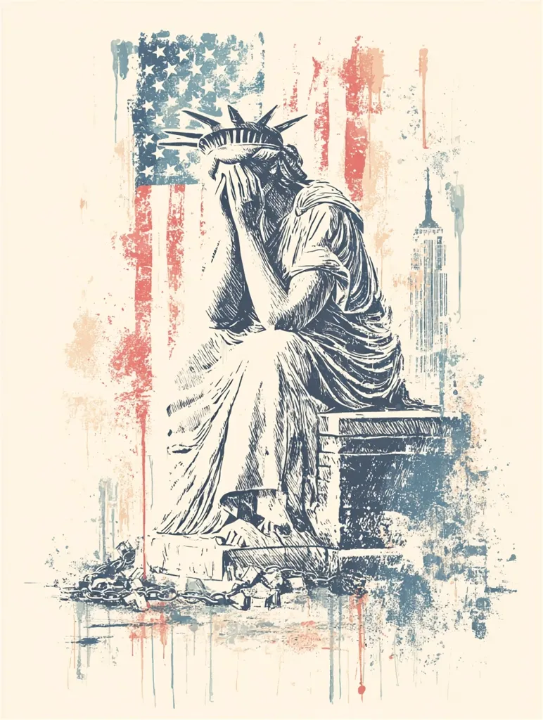 A distressed illustration depicts the Statue of Liberty slumped in despair, her face hidden in her hands.  A faded American flag forms the backdrop, suggesting national hardship.  Broken chains lie at her feet, symbolizing oppression or lost freedoms.  The Empire State Building is faintly visible in the distance, adding to the scene's melancholic portrayal of a nation in turmoil. The style is grunge-inspired, with textured brushstrokes and color splatter.