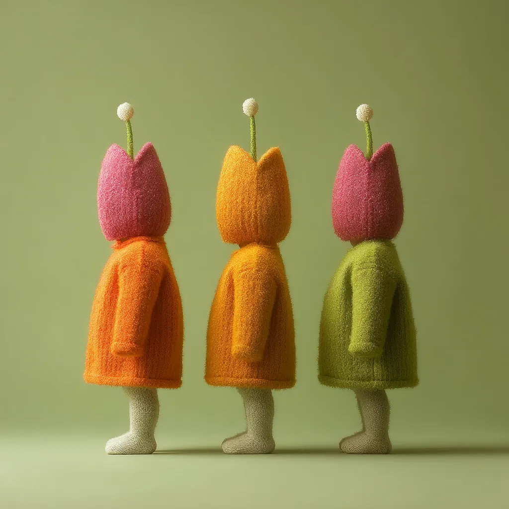 Three knitted figures stand in a row against a muted green background. Each figure wears a hooded, long-sleeved coat in a different pastel shade—orange, pink, and green—and has a small, white flower atop their head resembling a tulip.  Their simple design and uniform posture create a whimsical and slightly surreal image.