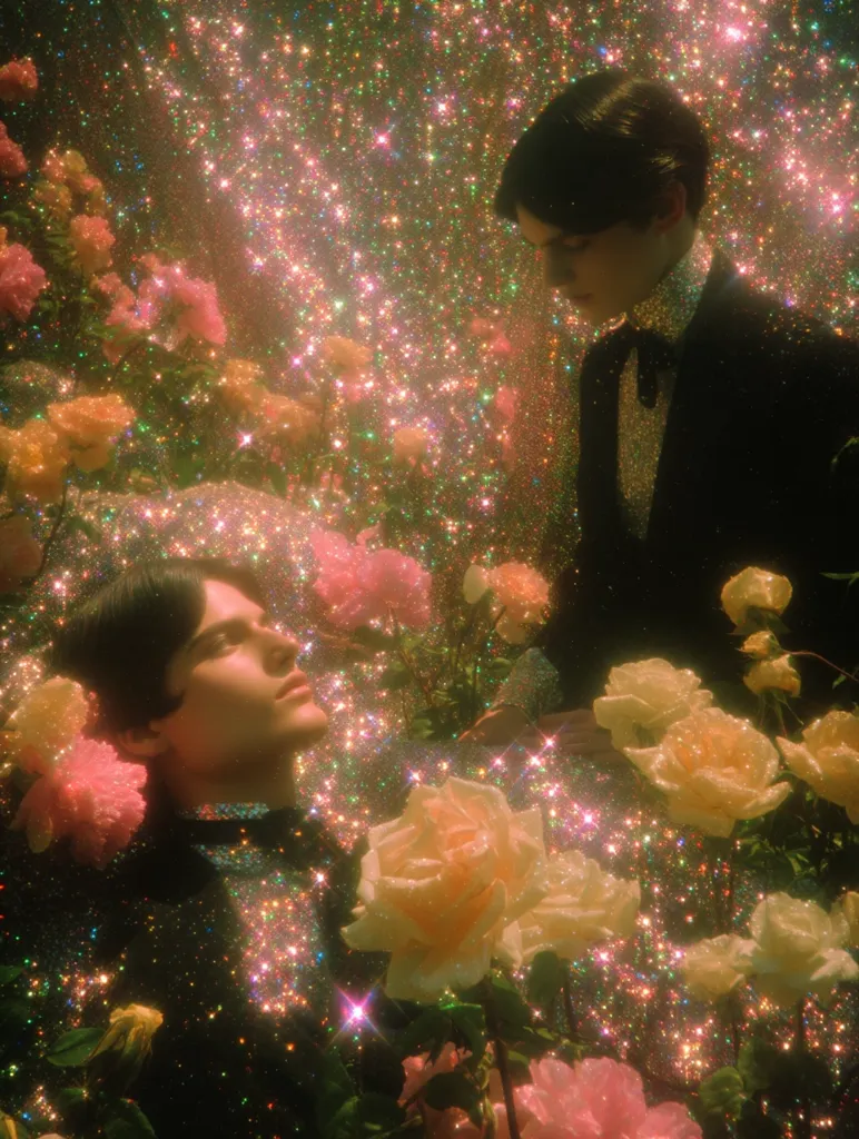 Two figures, possibly androgynous, are depicted in a dreamy, glittering garden.  One reclines amidst pastel roses, while the other stands elegantly dressed in a dark suit.  The entire scene is overlaid with a heavy, sparkling effect, creating a surreal and romantic atmosphere. The vibrant colors and ethereal light transform the garden into a fantastical space.