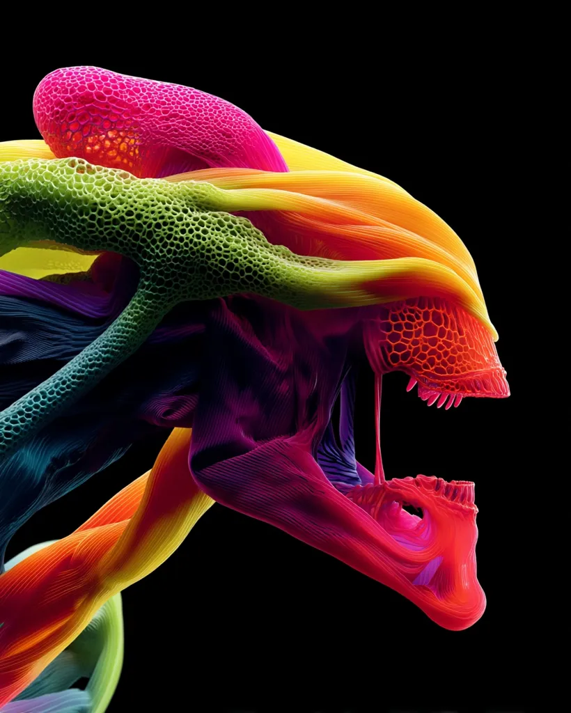 A vibrant, abstract depiction of an alien creature's head.  Its form is composed of flowing, interwoven strands in a spectrum of bright colors, ranging from pink and orange to green and purple.  The creature's open mouth reveals a detailed, textured jaw structure. The image is set against a stark black background, enhancing the alien's otherworldly appearance.  The overall effect is both surreal and strikingly beautiful.