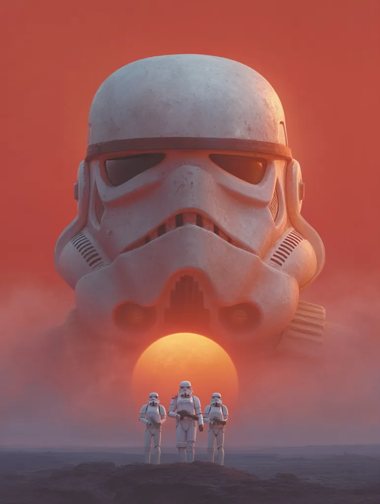 A colossal, weathered Stormtrooper helmet dominates the foreground, its visor forming a dark, ominous opening against a fiery sunset.  Three Stormtroopers stand silhouetted in the distance, dwarfed by the giant helmet, creating a dramatic and surreal scene suggestive of a desolate, alien landscape.  The overall mood is one of both awe and apprehension.
