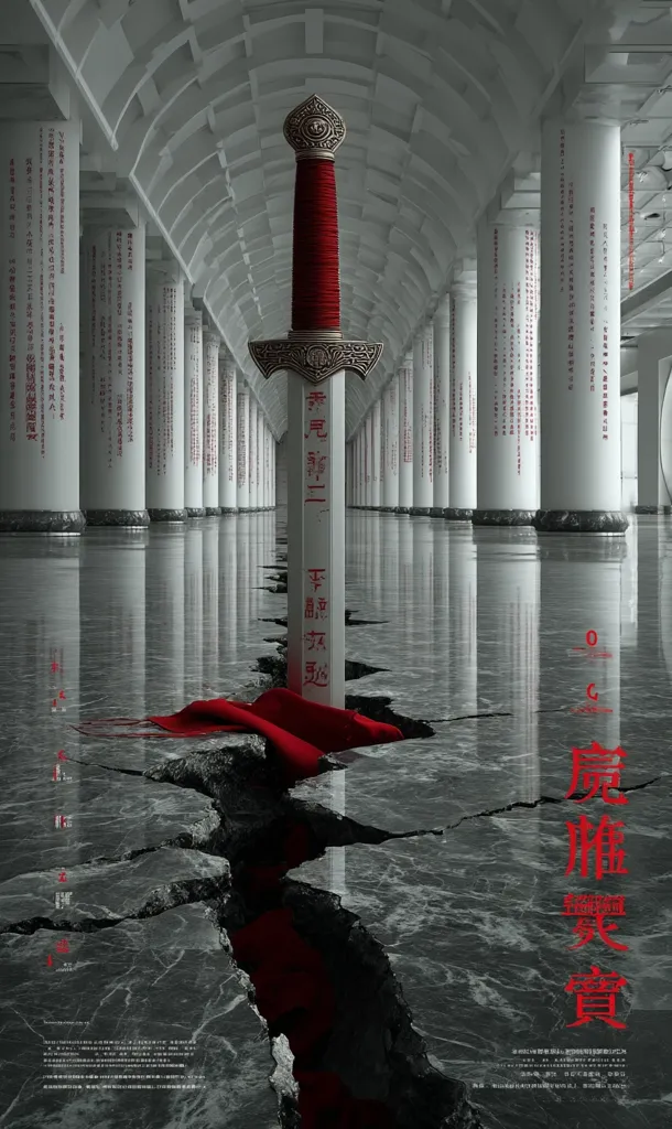 A sword, with a red hilt, is planted into a cracked floor in a long, colonnaded hall.  The crack is filled with a red substance, possibly blood.  The hall's pillars are inscribed with text, creating a somber and dramatic atmosphere. The image suggests themes of conflict, loss, and perhaps a historical or mythical context.  The overall tone is dark and brooding.