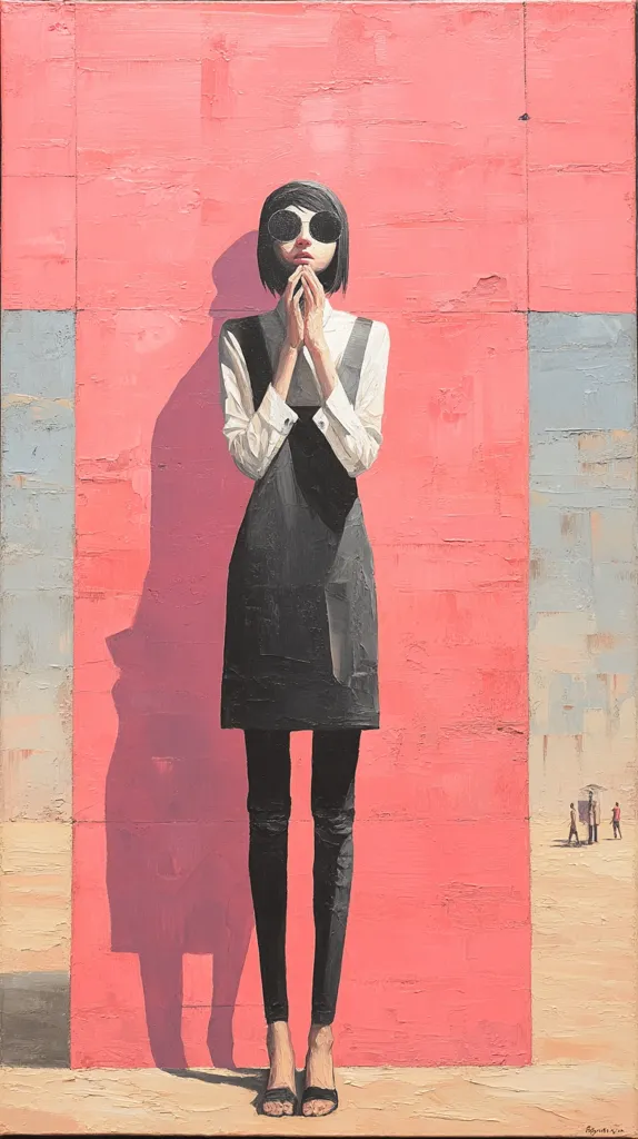A stylized painting depicts a woman in a black dress and sunglasses standing against a vibrant pink wall.  Her hands are clasped in prayer, and her shadow stretches across the wall.  In the background, small figures are visible in a muted, sandy landscape, creating a sense of distance and isolation. The painting's texture is thick and impasto, adding to its visual impact.