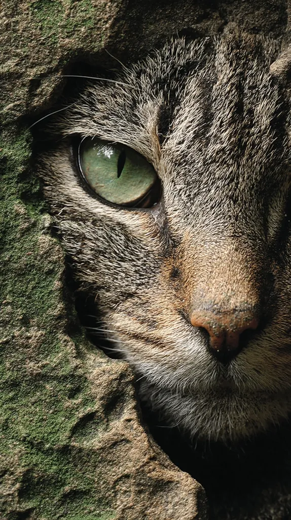 A close-up reveals a tabby cat's face partially hidden behind a rough, mossy stone.  Its striking green eye is prominent, contrasting with its brown and grey fur. The cat's nose and whiskers are clearly visible, suggesting a sense of alertness or cautious observation from its concealed position. The texture of both the cat's fur and the stone is sharply defined.