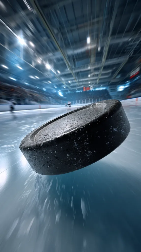 A hockey puck is shown in motion across an ice rink.  The image is blurred, suggesting speed and movement.  The background shows a hockey arena with blurred players and spectators, creating a dynamic and exciting atmosphere.  The focus is sharply on the puck, highlighting its trajectory across the ice.