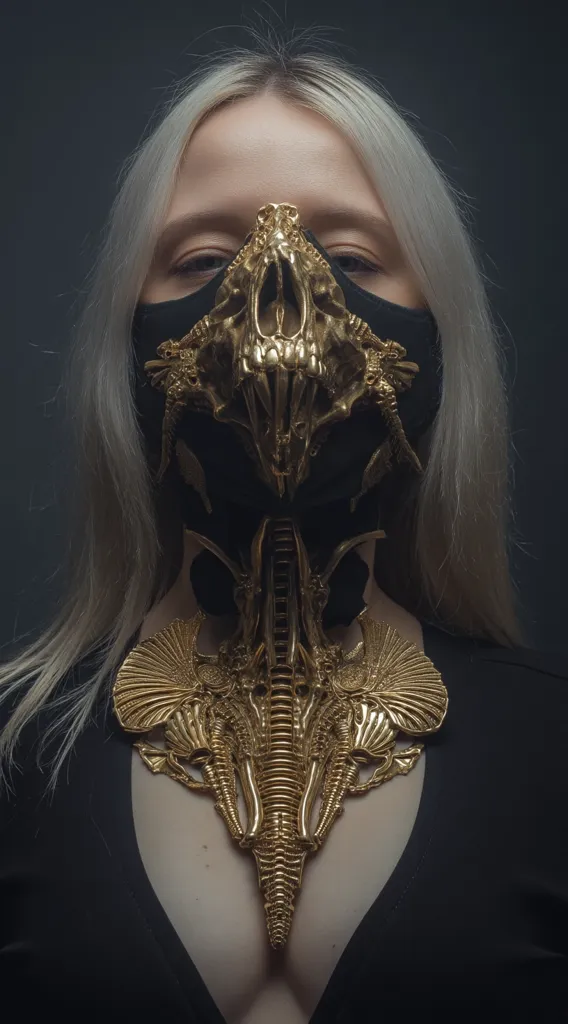 A blonde woman with pale skin wears a striking gold and black mask and necklace. The mask is skull-shaped with intricate detailing, extending into a large, ornate gold necklace.  The dark background accentuates the metallic gold of the jewelry, creating a dramatic, almost otherworldly effect. The overall aesthetic is dark, artistic, and subtly unsettling.