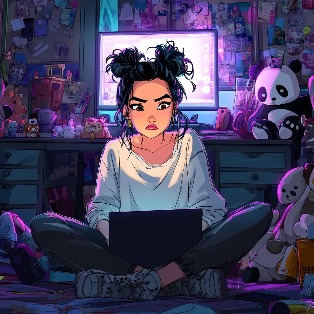 A young woman with dark hair in space buns sits cross-legged on the floor of her cluttered bedroom, using a laptop.  Her expression is one of slight frustration or concern. The room is brightly lit with purple hues, filled with stuffed animals, photographs, and other personal items, indicative of a teenager's space. A computer monitor glows behind her.