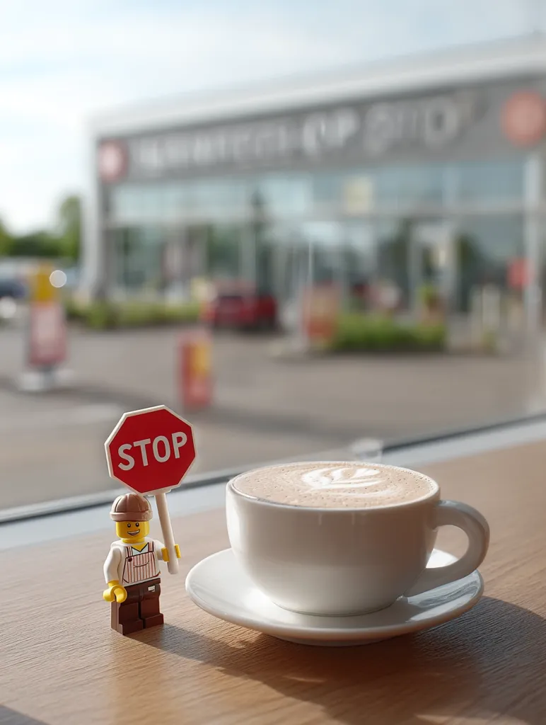 A miniature Lego figure holds a stop sign in front of a latte in a white cup and saucer.  The scene is set on a wooden table by a window overlooking a blurred-out coffee shop exterior.  The sun casts a shadow, creating a warm, inviting atmosphere. The overall tone is playful and slightly humorous.