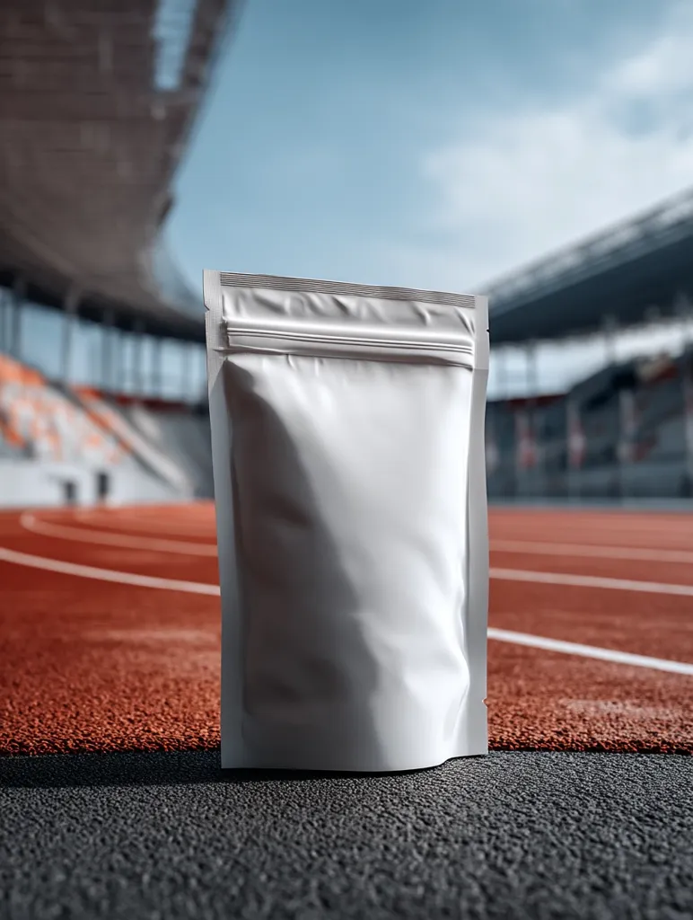 A blank white stand-up pouch sits on the edge of a running track inside a blurred stadium.  The pouch is made of foil-like material and has a resealable zipper. The stadium background is out of focus, emphasizing the product.  The image suggests a sports nutrition product or supplement packaging.