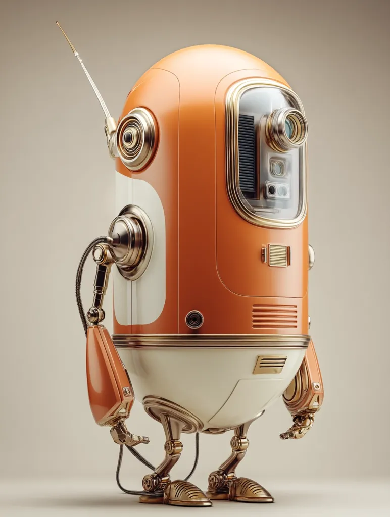 A retro-styled robot, predominantly orange and off-white, stands on short gold legs.  Its body is rounded, featuring a gold-rimmed transparent window revealing internal mechanisms.  A small antenna extends from its head, and its arms end in simplified hands. The robot has a vintage aesthetic, suggesting a whimsical, almost toy-like quality.