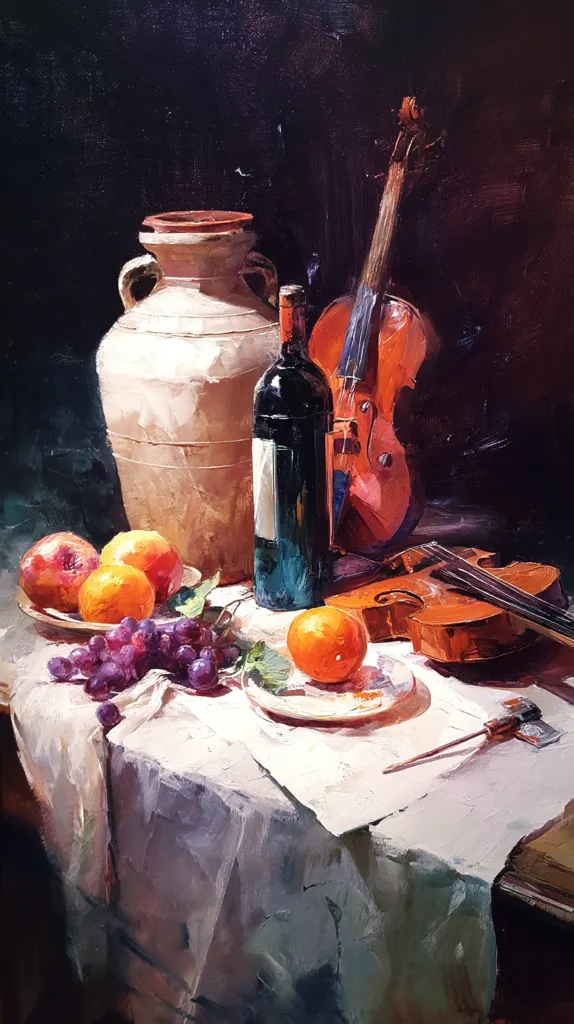 An oil painting depicts a still life arrangement on a loosely draped white tablecloth.  A large earthenware jar sits beside a bottle of red wine. Two violins rest on the table, one upright and the other lying down.  Oranges, a peach, and a bunch of purple grapes add pops of color. The dark background contrasts sharply with the brightly lit objects, creating a dramatic effect. The style is impressionistic, with visible brushstrokes conveying texture and light.