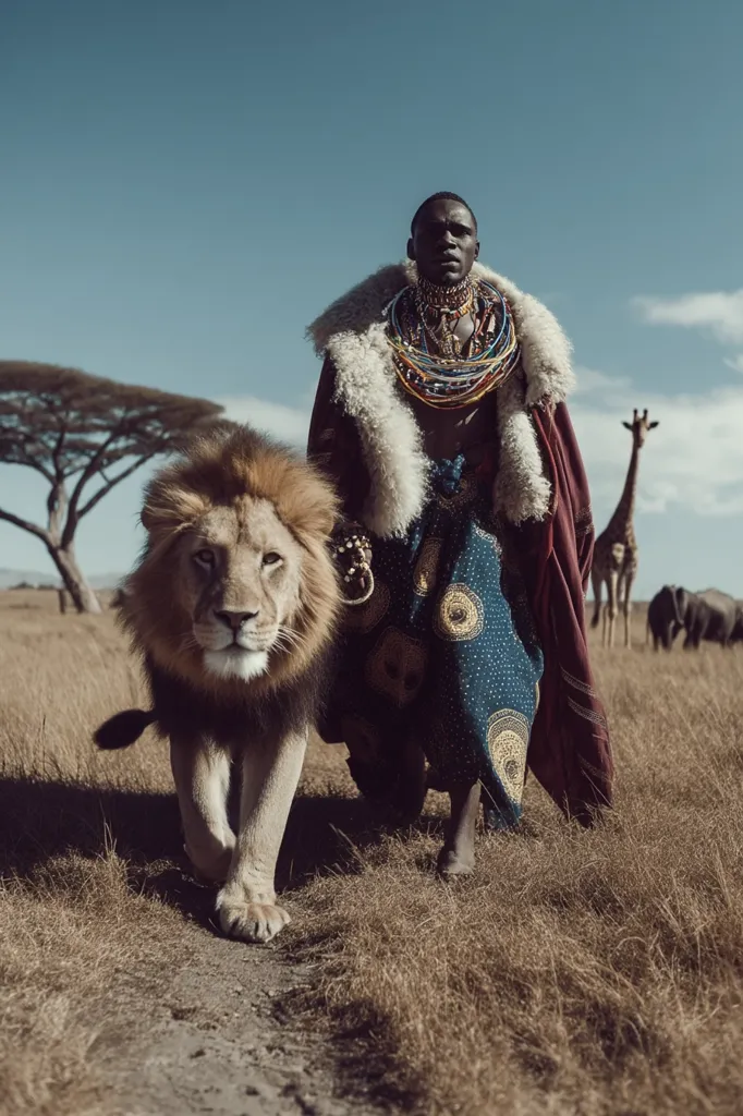 A regal African man, adorned in vibrant tribal attire and a sheepskin coat, walks alongside a majestic lion.  The scene is set in a sun-drenched savanna, with a giraffe and other wildlife subtly visible in the background.  The image evokes a sense of power, connection with nature, and the rich cultural heritage of Africa.