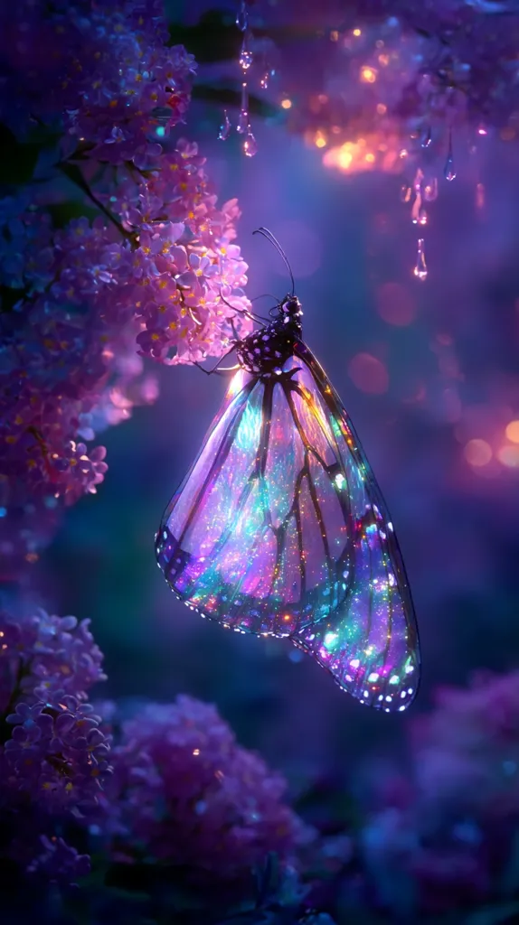 A mesmerizing iridescent butterfly, adorned with sparkling glitter, delicately rests on a cluster of vibrant purple flowers.  Water droplets hang suspended in the air, adding to the ethereal ambiance. The scene is bathed in soft, enchanting purple and blue light, creating a magical and dreamy atmosphere.  The butterfly's wings seem almost translucent, revealing inner luminescence.