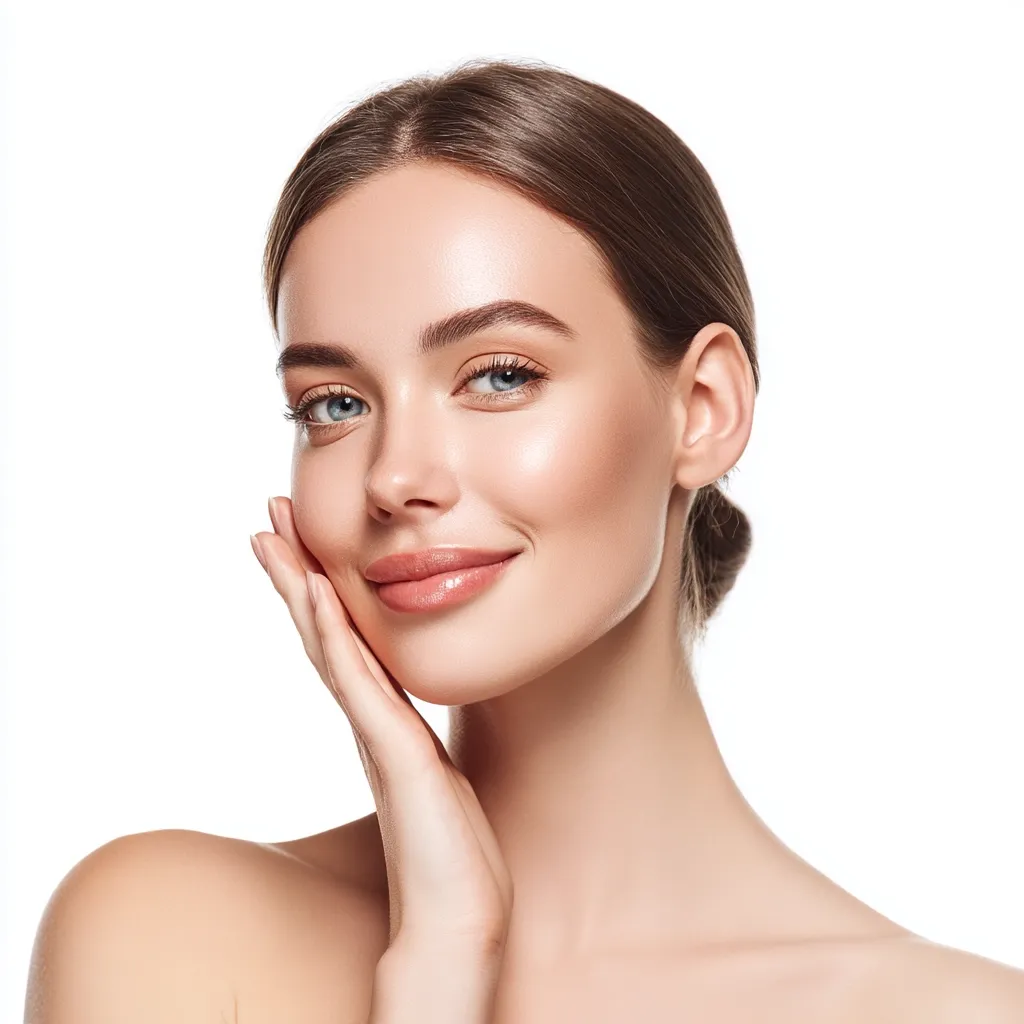 A young woman with flawless skin and light brown hair pulled back in a bun smiles gently.  Her hand rests lightly on her cheek, highlighting her radiant complexion and bright blue eyes. The image is set against a plain white background, emphasizing her natural beauty and healthy glow.