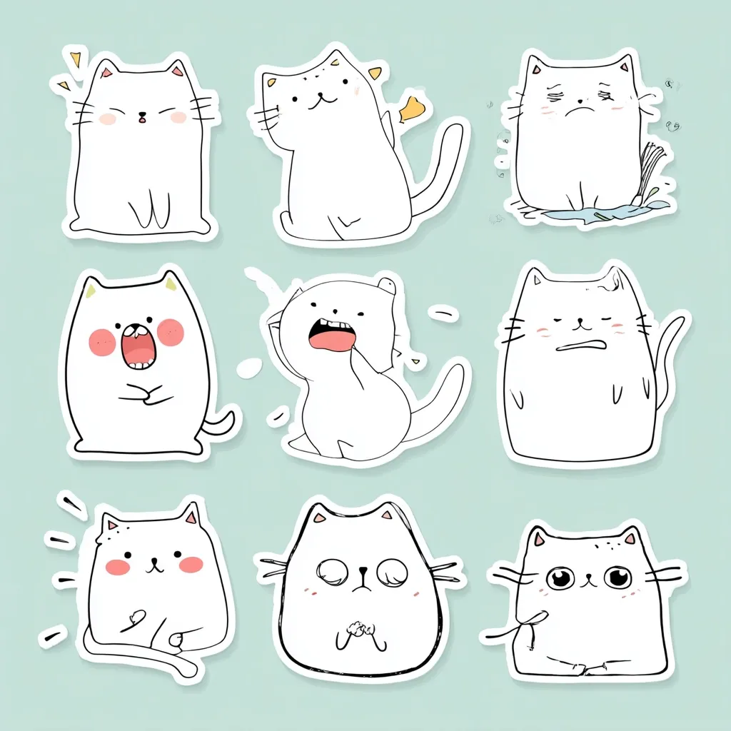 Nine adorable cartoon cat stickers showcase a variety of expressions.  The cats are depicted in simple line art with minimal details, exhibiting emotions ranging from happy and playful to grumpy and surprised.  Each sticker features a unique pose and facial expression, creating a set of charming and expressive feline characters.  They're perfect for adding a touch of playful charm to notebooks, laptops, or any other surface.