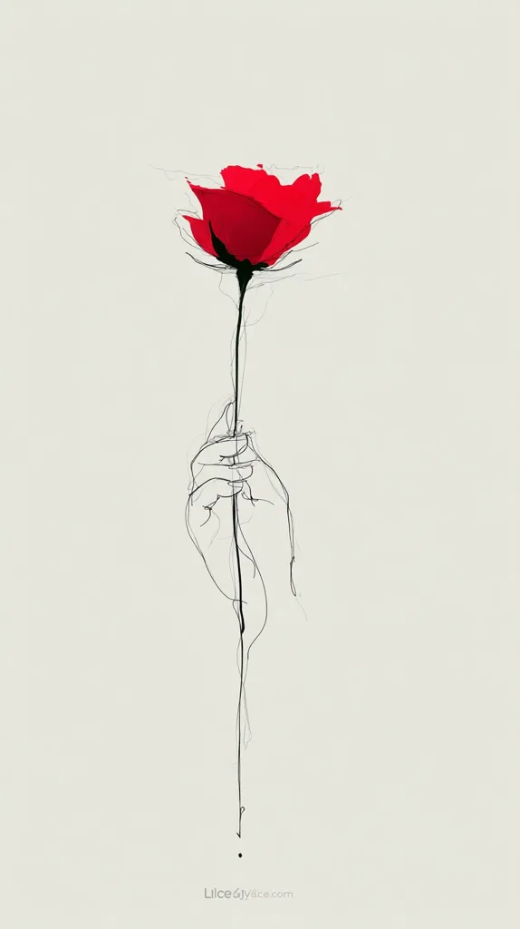 A minimalist line drawing depicts a hand delicately holding a single, vibrant red rose. The stem extends downwards, ending in a small drip.  The style is elegant and simple, with a focus on the contrast between the bold red flower and the fine black lines of the hand and stem against a muted background.  The overall impression is one of grace and fragility.