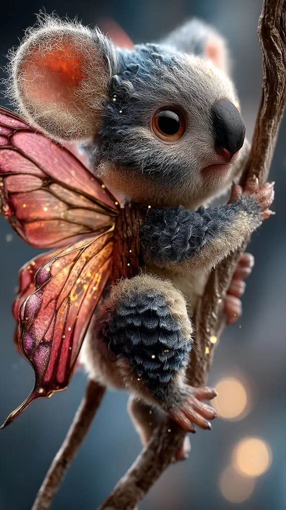 A whimsical digital rendering showcases a koala adorned with iridescent butterfly wings.  Its fur is a blend of grey and blue, textured with tiny scales on its arms and legs.  Large, expressive eyes and delicate features add to its enchanting appearance.  The koala clings to a branch, its tiny paws gripping tightly, set against a softly blurred background with warm bokeh lights.