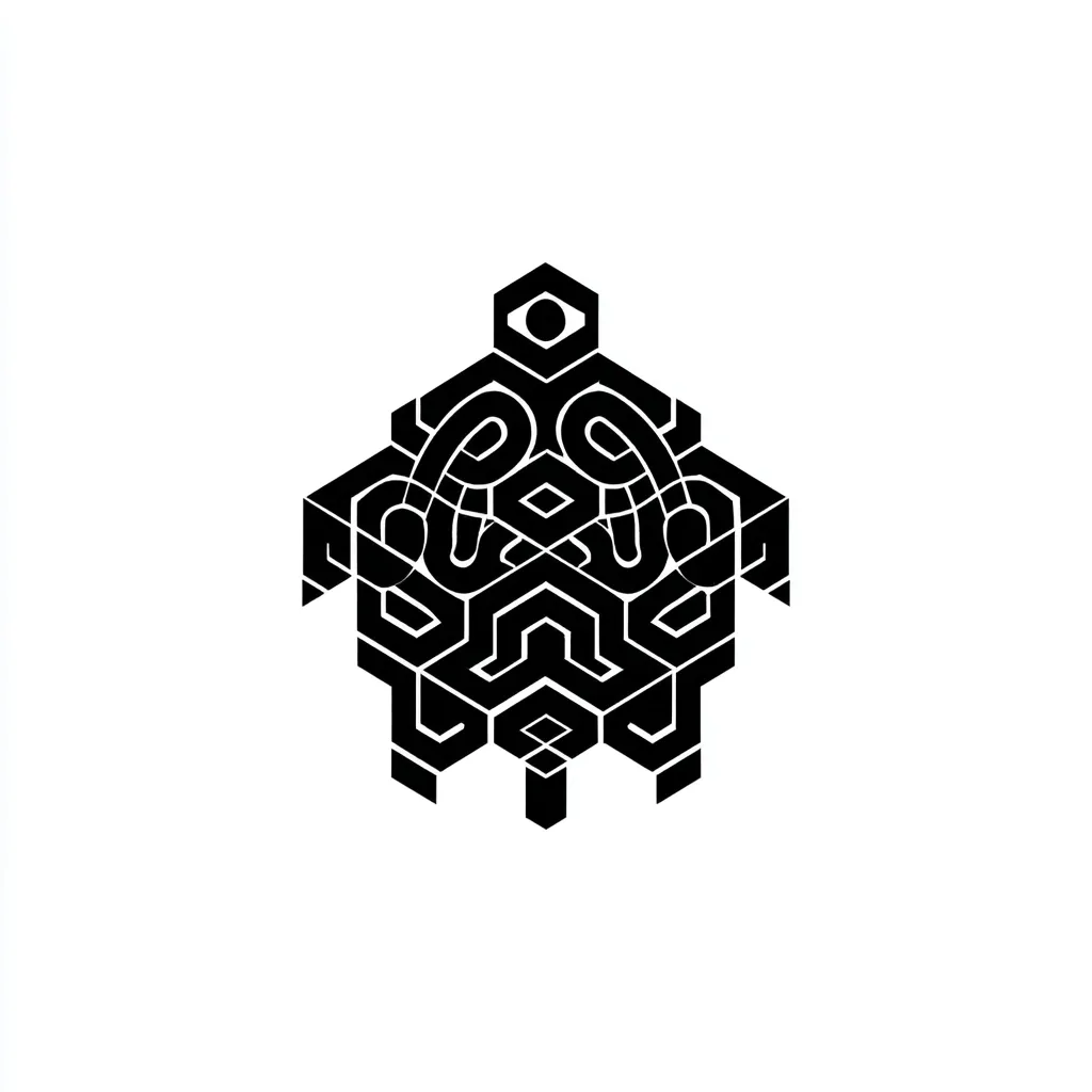 A stylized black and white image depicts a turtle composed of interlocking geometric shapes. The design resembles a complex maze or intricate knotwork, creating a visually captivating pattern. The turtle's head is a small hexagon with a central circle, adding a unique detail.  The overall style is modern and abstract, with a strong emphasis on geometric precision and symmetry.