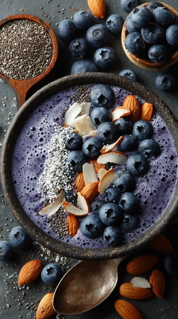 A vibrant purple smoothie bowl is adorned with fresh blueberries, slivered almonds, and chia seeds.  The bowl sits on a dark surface, surrounded by additional blueberries, almonds, and a wooden spoon filled with chia seeds. The smoothie's texture is thick and creamy, creating a visually appealing and healthy-looking breakfast or snack.  The overhead shot emphasizes the rich colors and textures of the ingredients.