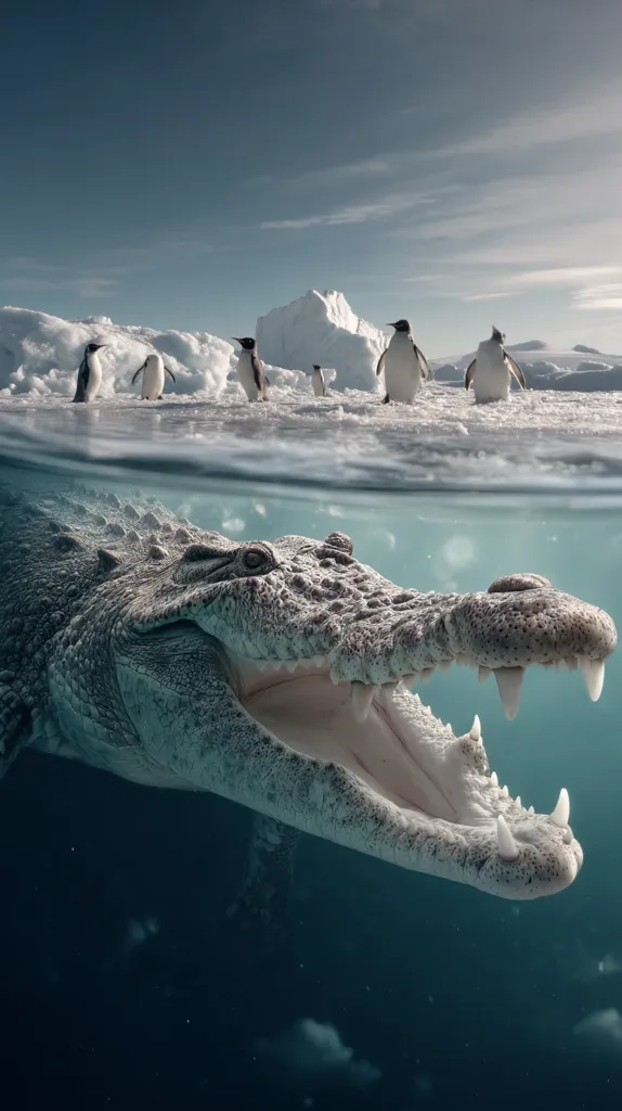 A split image showcases a group of penguins standing on an ice floe under a bright sky, contrasted with a massive crocodile's head emerging from the water below. The crocodile's mouth is agape, revealing sharp teeth.  The juxtaposition creates a dramatic and unexpected scene, highlighting the contrasting environments and potential predator-prey relationship.