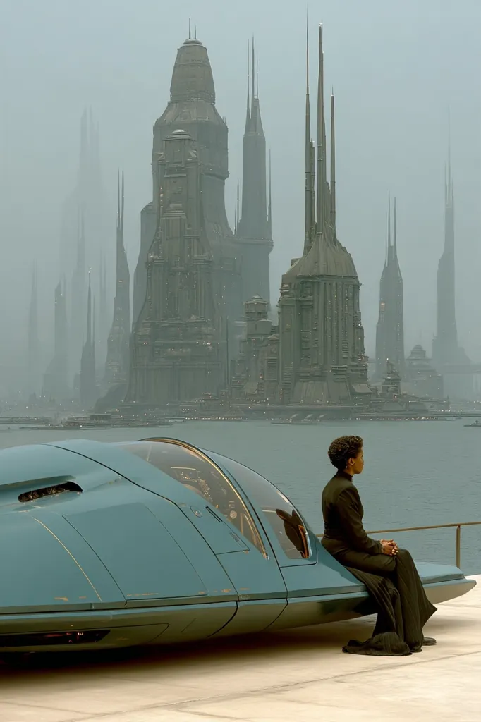 A woman in dark clothing sits on a teal, futuristic vehicle overlooking a body of water.  In the background, a hazy, futuristic city with tall, slender buildings rises from the water's edge, creating a stark contrast between the lone figure and the vast cityscape.  The overall atmosphere is serene yet slightly melancholic, emphasizing the isolation of the woman against the backdrop of a seemingly advanced, yet distant, civilization.