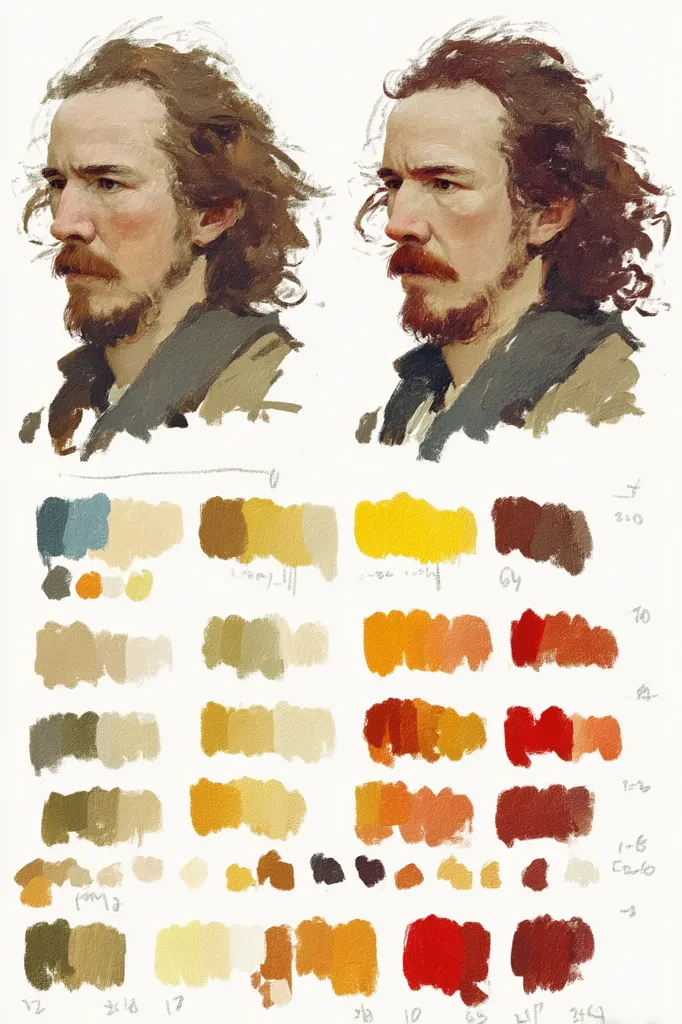 This image shows a study in portraiture and color mixing.  Two nearly identical painted portraits of a man with long brown hair and a beard are presented side-by-side. Below, numerous color swatches showcase various shades of yellow, orange, brown, and red, likely representing the artist's color palette and mixing experiments for the portraits.  The color swatches are organized and numbered, suggesting a methodical approach to color selection and application.