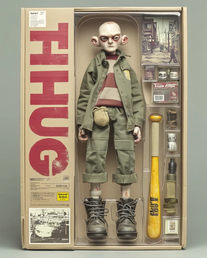 A collectible figure, "THUG," is displayed in its packaging.  The figure is a pale-skinned boy with exaggerated features, wearing tattered military-style clothing and boots.  Accessories include a baseball bat and small items in the box.  The packaging features distressed graphics and imagery suggesting a post-apocalyptic or gritty urban setting. The overall aesthetic is dark and stylized.
