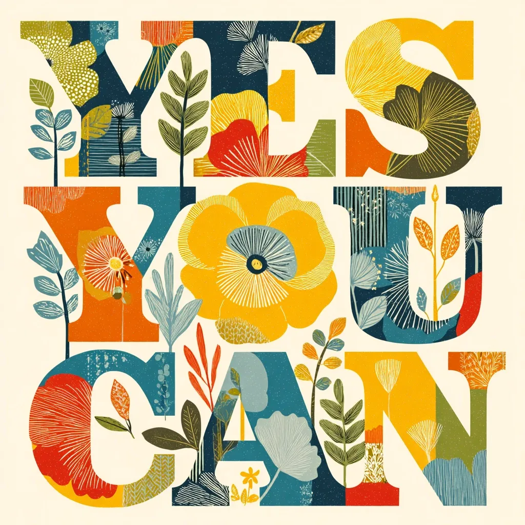 A vibrant illustration spells out "YES YOU CAN" in large, stylized lettering. Each letter is filled with a unique collage of colorful flowers, leaves, and botanical patterns in a retro style.  The overall effect is cheerful and motivational, promoting a positive and encouraging message. The color palette is warm and bold, with oranges, yellows, reds, and teals dominating.