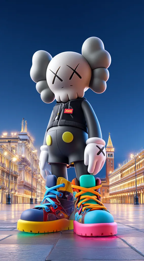 A 3D rendered image of a KAWS figure, clad in a black jacket and Mickey Mouse-style shorts, stands in a vibrant, nighttime Venetian square.  The figure sports colorful, multi-patterned boots.  The backdrop features illuminated Venetian architecture, creating a striking contrast between the contemporary art figure and the classical setting. The overall aesthetic is playful yet sophisticated.