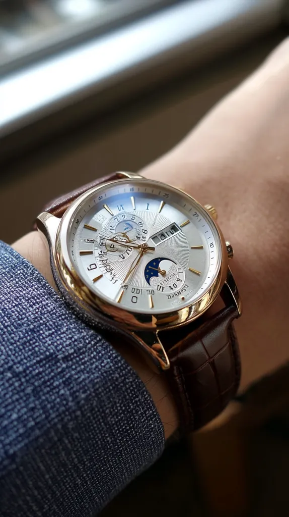A close-up shot showcases a rose gold watch with a brown leather strap adorning a person's wrist.  The watch face is off-white with Roman numerals, gold accents, and displays multiple complications including a moon phase. The watch is elegantly styled and worn on a sleeve of a textured, dark blue shirt.  The setting suggests a well-lit interior with a blurred window in the background.
