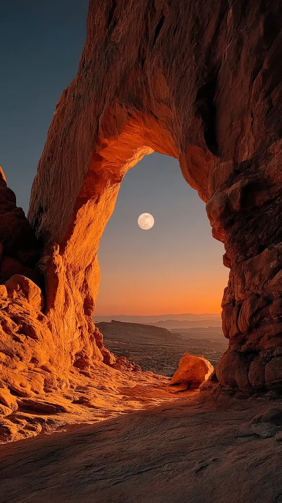 A breathtaking sunset illuminates a natural sandstone arch, framing a full moon in the twilight sky. The warm, orange hues of the rock contrast beautifully with the cool blues and purples of the fading light.  A vast, desert landscape stretches into the distance, offering a sense of scale and serenity. The scene evokes a feeling of peaceful solitude and the awe-inspiring beauty of nature.