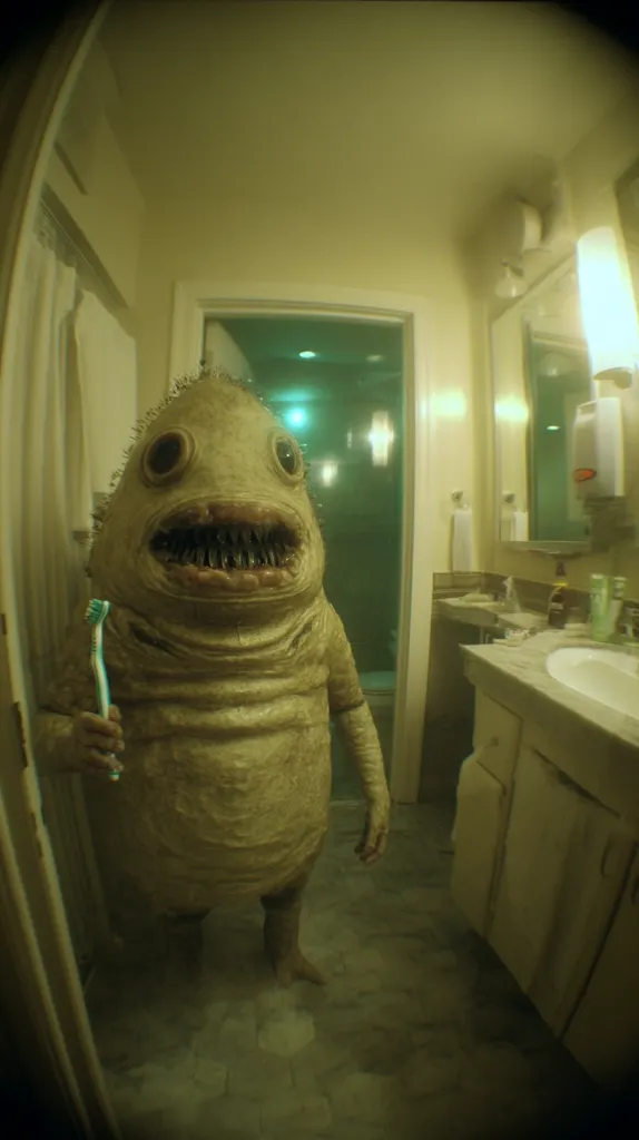 A grotesque, pale creature resembling a humanoid fish stands in a bathroom.  It has a large head, sharp teeth, and wrinkled skin.  The creature holds a toothbrush, seemingly attempting to brush its teeth. The bathroom is dimly lit, adding to the eerie atmosphere. The fisheye lens distorts the perspective, emphasizing the creature's unusual appearance and the confined space.
