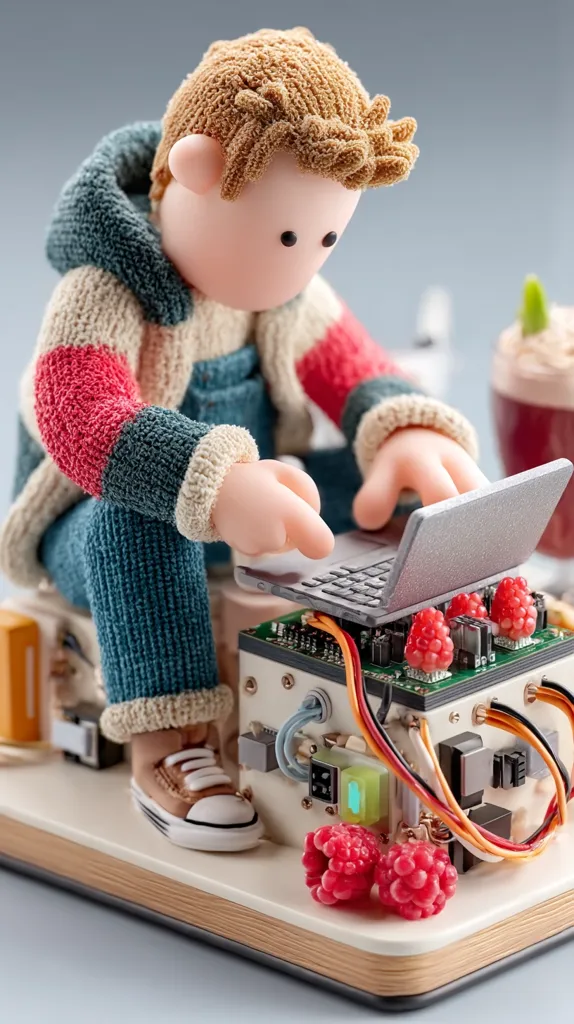 A charming claymation figure, resembling a young boy in a striped sweater and jeans, sits perched atop a miniature computer.  He intently operates a tiny laptop resting on a circuit board, adorned with vibrant raspberries.  The scene is meticulously detailed, showcasing a blend of handmade artistry and technological elements, creating a whimsical and endearing image.