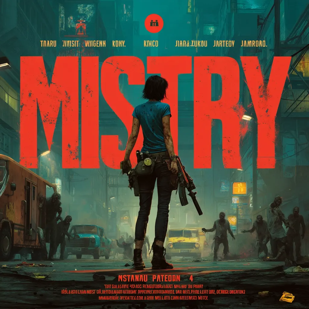 A woman, armed with a rifle, stands amidst a zombie-infested, dystopian city.  The word "MISTRY" is prominently displayed in large, red letters.  The scene is dark and gritty, with decaying buildings and vehicles in the background.  Numerous zombies surround her, creating a tense and atmospheric image.  The overall tone suggests a post-apocalyptic setting or a survival horror scenario.