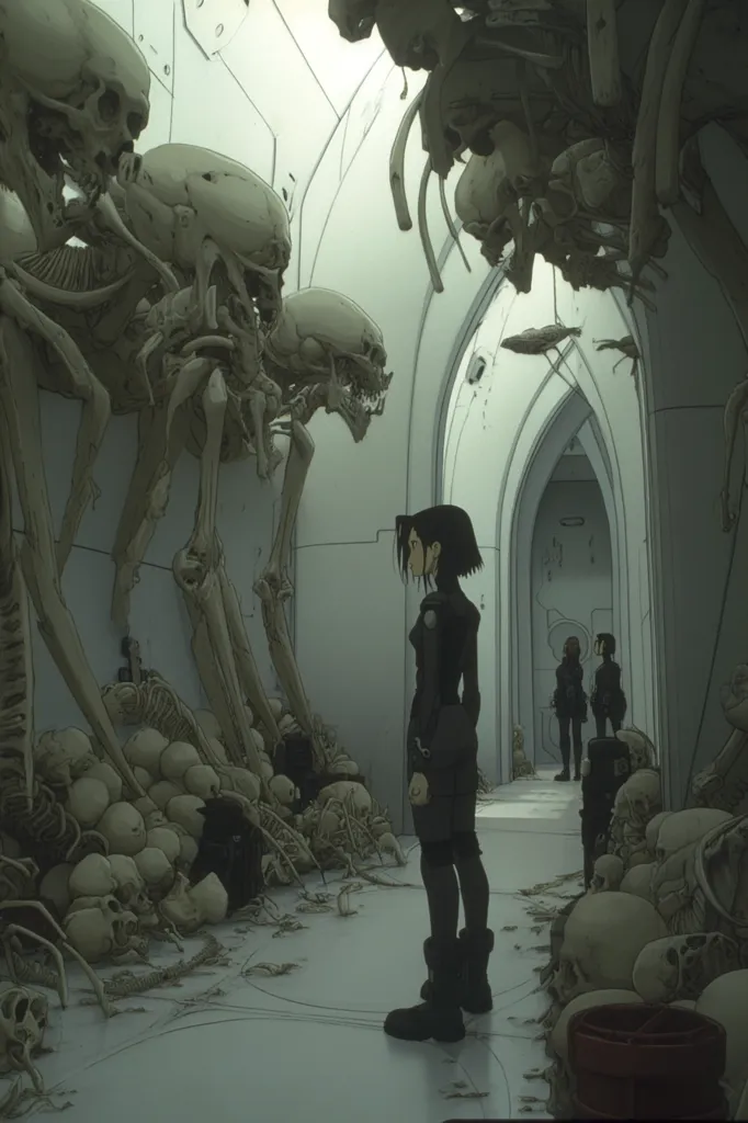 A lone female figure in dark clothing stands in a stark, futuristic corridor.  The walls are lined with the skeletal remains of tall, alien-like creatures, their skulls and bones piled at the base.  Two other figures stand distantly down the hallway. The scene is bleak and suggestive of a macabre discovery or a haunting memory. The overall palette is muted greens and greys, emphasizing the desolate atmosphere.