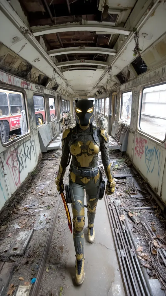 A cosplayer, dressed as a futuristic warrior, stands inside a derelict train car.  The costume is predominantly gold and dark green, with a sleek helmet featuring glowing yellow eyes.  The train's interior is heavily damaged and graffiti-covered, emphasizing the post-apocalyptic feel. The cosplayer holds a large, bladed weapon. The overall image conveys a sense of desolation and action.