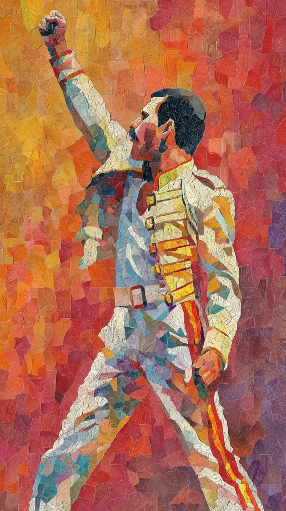 A vibrant, mosaic-style portrait of Freddie Mercury, the iconic lead singer of Queen, is depicted.  His arm is raised in a powerful gesture, his expression intense. The artist uses a fragmented, colorful technique, with warm reds and oranges dominating the background, creating a dynamic and energetic image.  The details of his costume are visible through the textured artistic style.