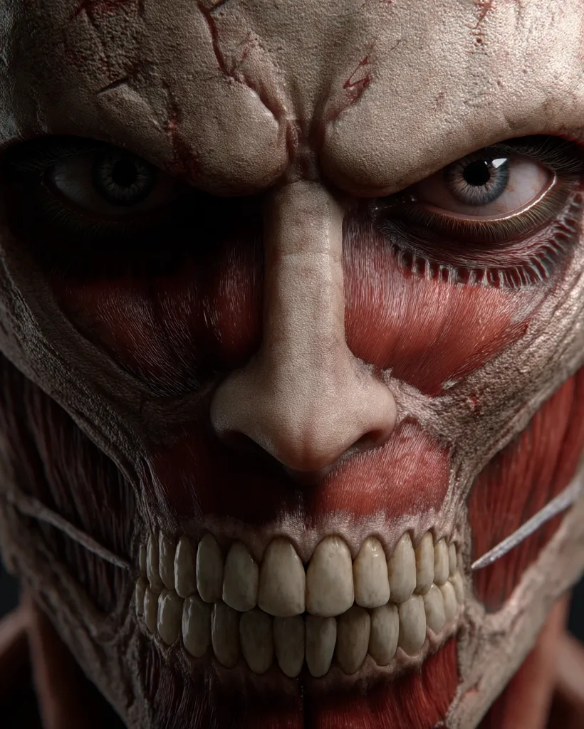 A close-up shot reveals a terrifying face, seemingly a digital rendering or artwork.  The skin is pale and cracked, revealing underlying red musculature reminiscent of exposed anatomy.  Intense, light-colored eyes glare from beneath furrowed brows, adding to the menacing expression.  The teeth are prominently displayed in a grimace, enhancing the overall fearsome effect. The image has a dark, gritty aesthetic.