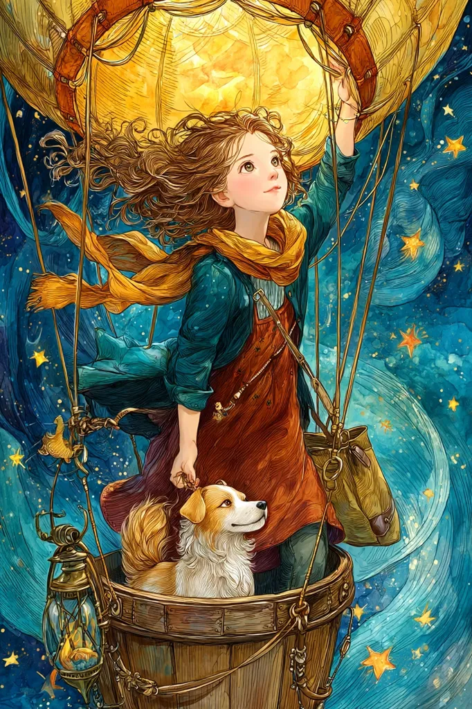 A whimsical illustration depicts a young girl with auburn hair soaring in a hot air balloon across a starlit night sky.  Her faithful dog sits beside her in a wooden basket, attached to the balloon.  The girl wears a teal jacket and orange scarf, gazing upward with wonder.  The scene is painted in a vibrant, detailed style, creating a magical and enchanting atmosphere.