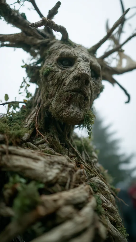 A close-up reveals a weathered, anthropomorphic tree figure. Its face is gnarled and ancient, with deep-set eyes, resembling a weathered, moss-covered statue.  Branches form antlers atop its head, and its body is composed of interwoven roots and wood, partially obscured by moss and other vegetation. The background is blurry, hinting at a misty forest environment.  The overall impression is one of age, mystery, and a connection to nature.