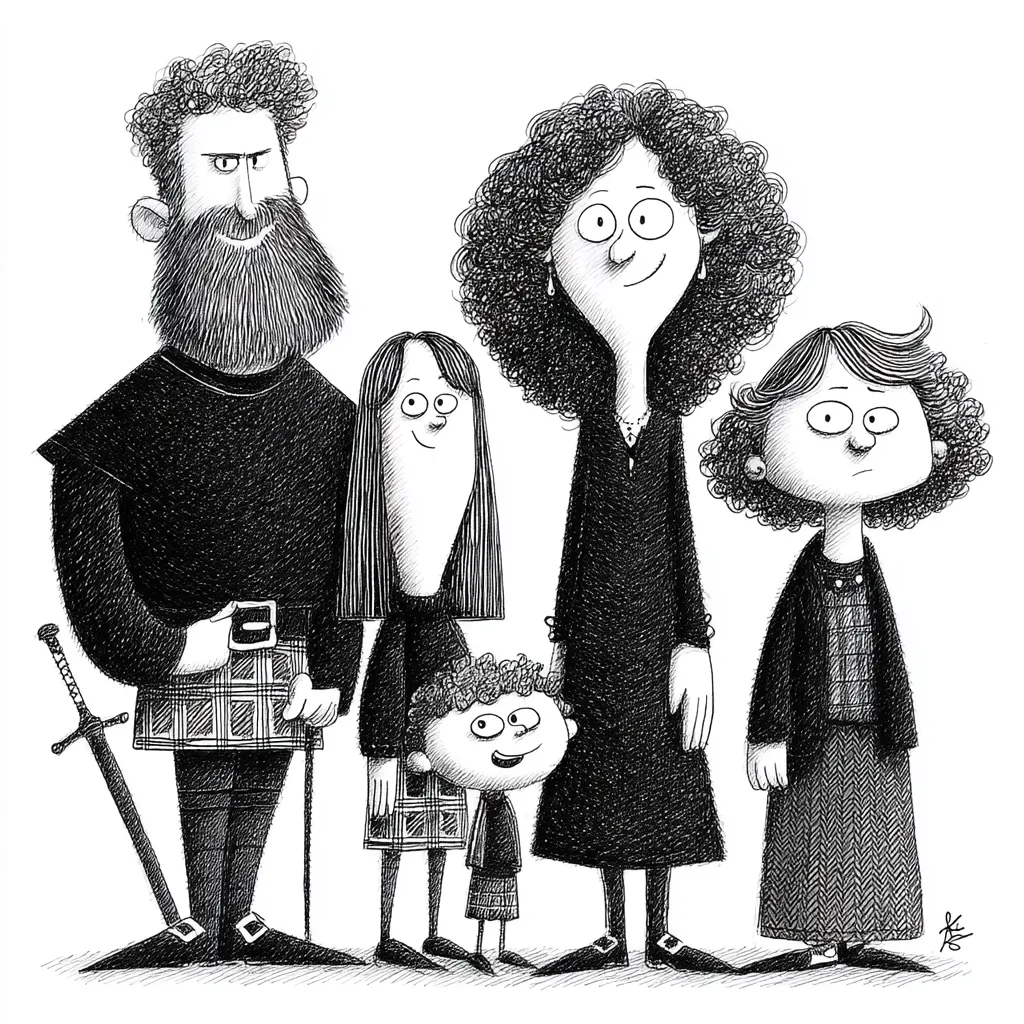 A whimsical black and white illustration depicts a stylized family.  A bearded father in a kilt stands beside his curly-haired wife, their daughters, and a young son. The children wear kilts, matching the father's attire. The father holds a sword, adding a touch of fantasy to the scene.  The family's expressive features and unique style create a charming and slightly quirky portrait.