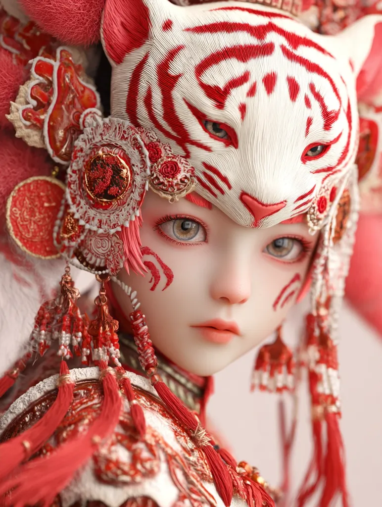 A close-up reveals a meticulously crafted doll, adorned in an elaborate headdress resembling a tiger's face, predominantly in shades of red and white.  Intricate detailing is evident in the tiger mask and the ornate, tasselled red garments. The doll's porcelain-like face features delicate makeup, completing the regal and fantastical aesthetic.  The overall impression is one of exquisite artistry and attention to detail.