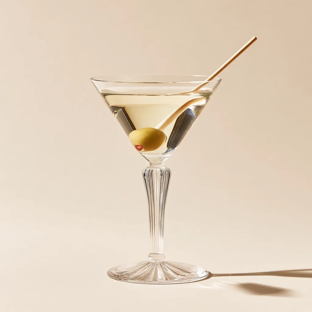 A classic martini cocktail is presented in a stemmed glass. The drink is light yellow, garnished with a single green olive on a small wooden cocktail pick.  The glass casts a subtle shadow on a light beige background, creating a minimalist and elegant composition. The image highlights the simplicity and sophistication of the drink.
