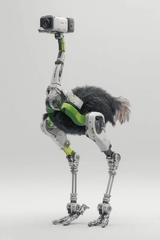 A robotic ostrich stands on a white background.  Its body is covered in dark fur, contrasting with its exposed, articulated mechanical legs and torso.  A camera is mounted on its neck, suggesting surveillance or observation capabilities.  The robot is primarily white and grey with accents of lime green, highlighting its mechanical joints and components. The overall design is sleek and futuristic.