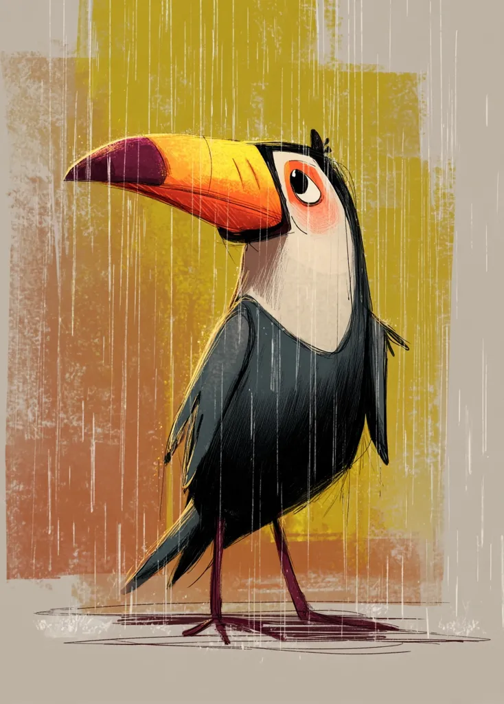 A stylized toucan stands in the rain, its large, colorful beak prominent against a backdrop of vertical yellow and brown streaks suggesting rain.  The bird's plumage is rendered with dark brushstrokes, contrasting with the brighter beak and a lighter chest. The overall style is expressive and slightly cartoonish, with a focus on texture and color. The rain creates a moody atmosphere.