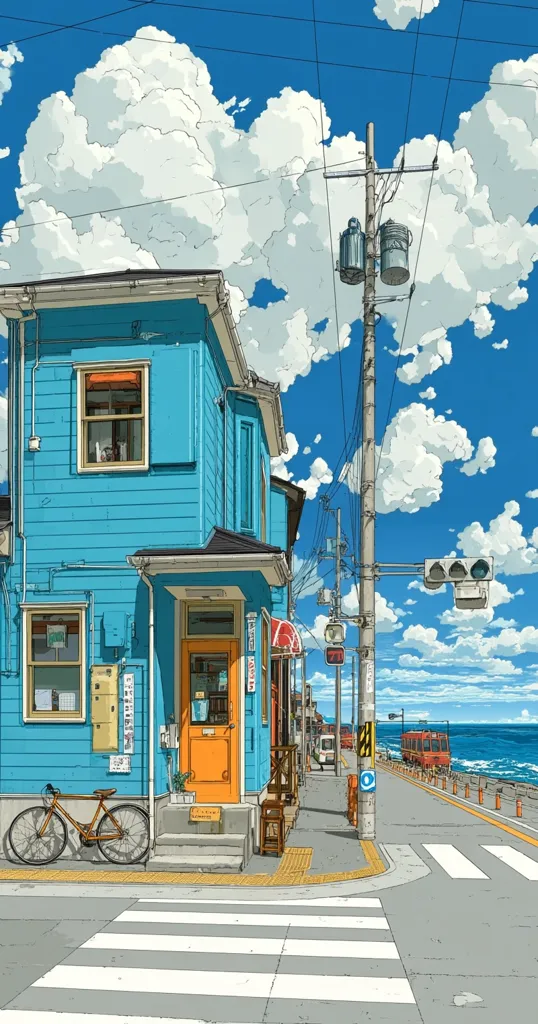 A vibrant illustration depicts a quaint coastal street scene. A bright blue house with an orange door stands prominently, a bicycle resting beside it.  The street, under a cheerful blue sky dotted with fluffy white clouds, leads towards a calm ocean.  Traffic lights and utility poles add to the everyday charm of the seaside setting, creating a peaceful and idyllic atmosphere.