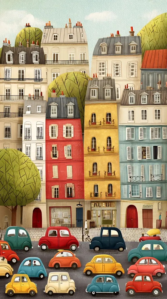 A charming illustration depicts a Parisian street scene.  Colorful, vintage cars are parked and driving past quaint, multi-storied buildings with characteristic Parisian architecture. Lush green trees line the street, adding to the idyllic atmosphere. The scene is rendered in a stylized, slightly whimsical manner, with soft colors and rounded shapes.  A small shop is visible, adding a touch of everyday life to the picturesque setting.